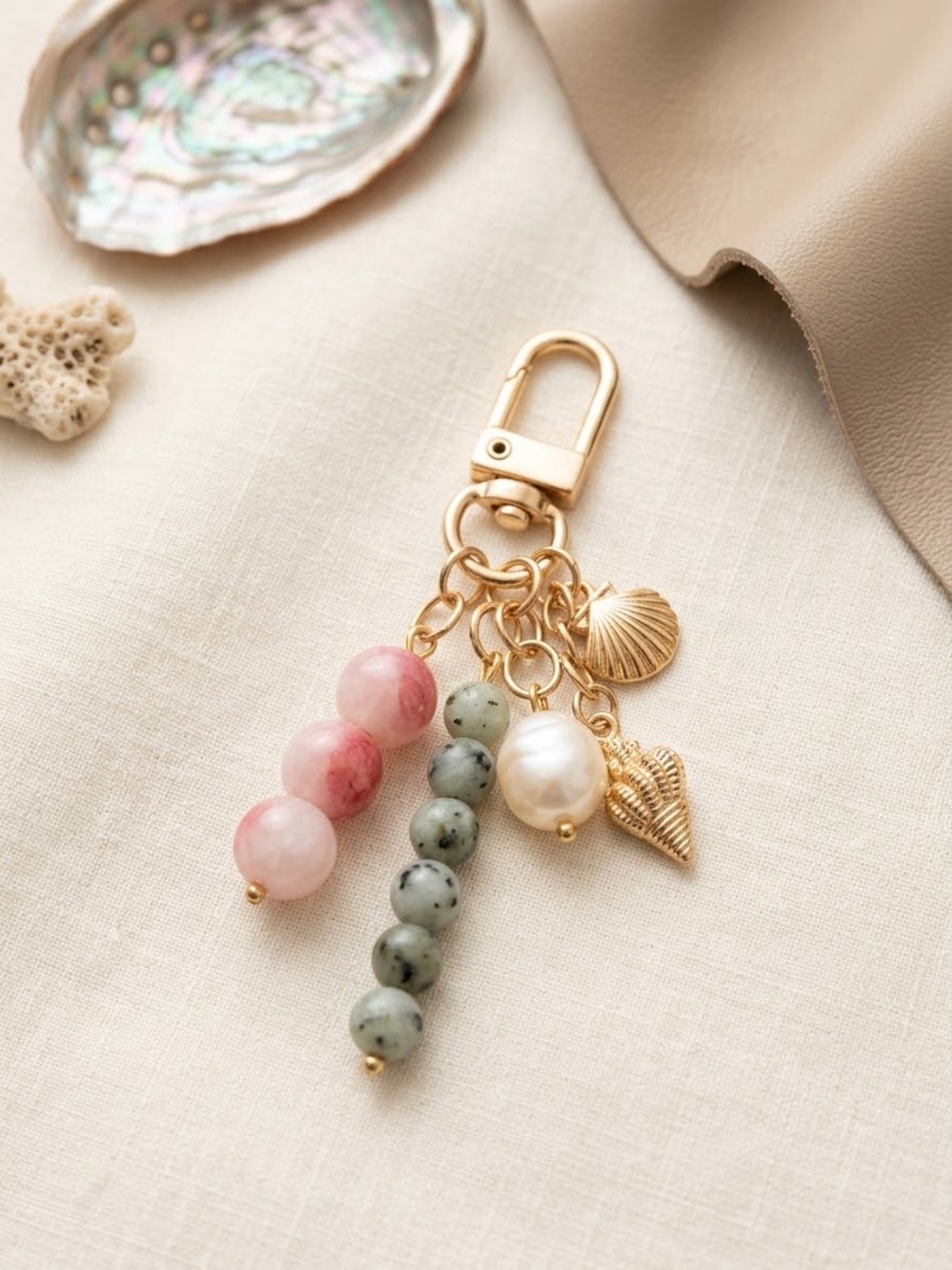 Gold Tone Shell Bag Charm Keychain with Pink and Aqua Beads & Faux Pearl